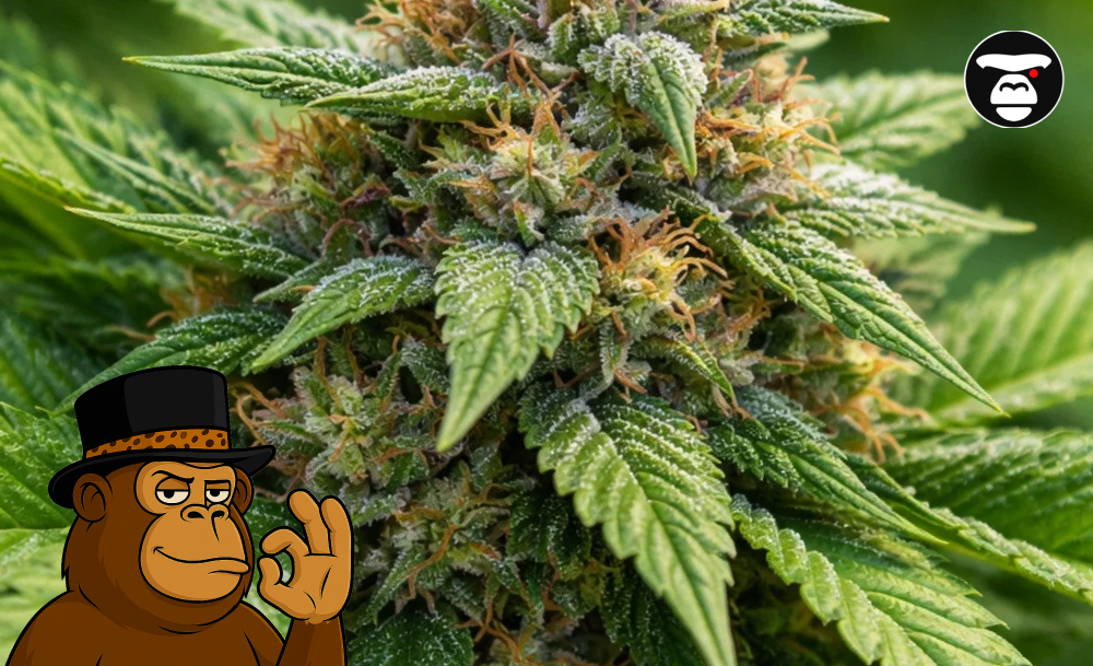 Close-up macro shot of a premium cannabis strain featuring amber hairs and crystalline resin.