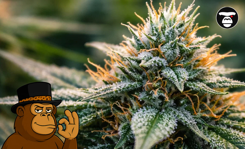 Best Weed Strains In Culver City Macro photography of a dense cannabis bud covered in white trichomes and bright orange hairs.