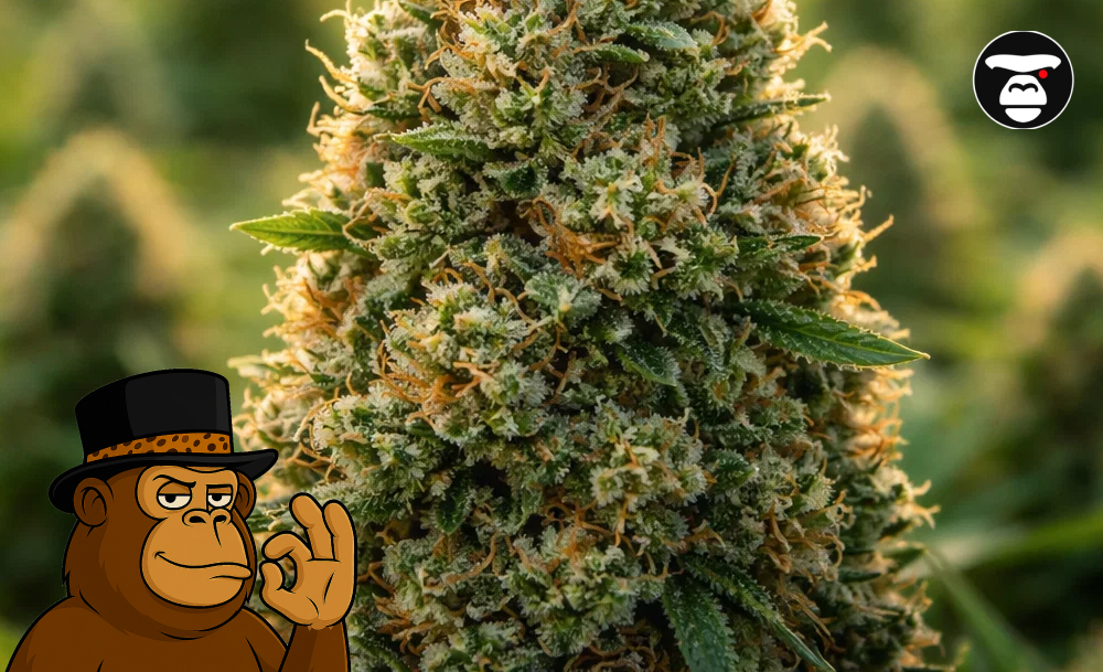 Macro shot of a dense cannabis bud covered in white trichomes and orange hairs with a monkey mascot overlay.