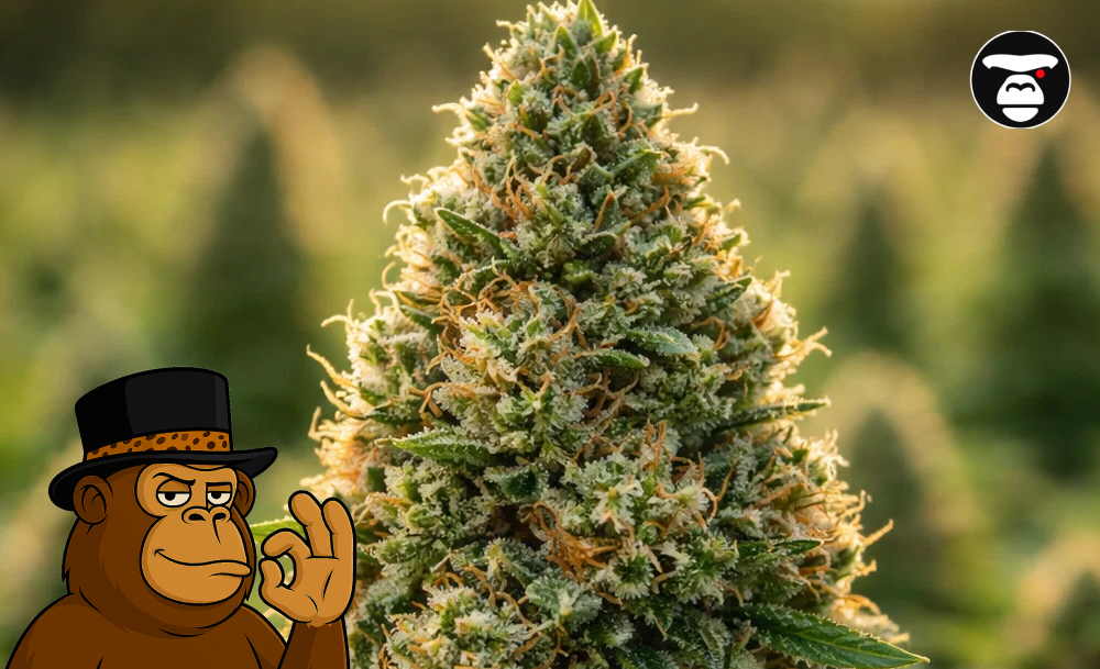 Macro photography of a dense, conical cannabis bud covered in sticky white trichomes and orange hairs.