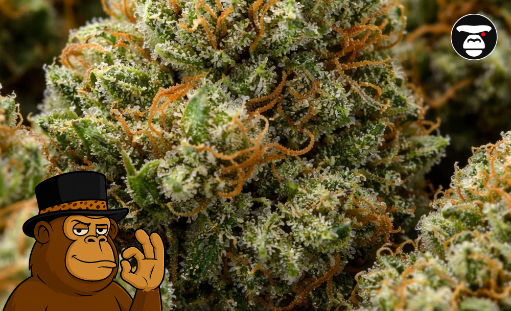 A macro shot of a vibrant, crystalline cannabis bud with orange hairs and a monkey mascot in the corner