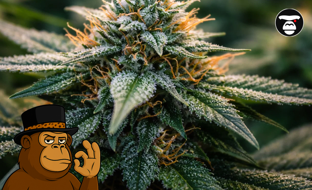 Best Weed Strains In San Juan Capistrano Macro shot of a bright green Durban Z cannabis bud with vibrant orange hairs and sparkling crystals.