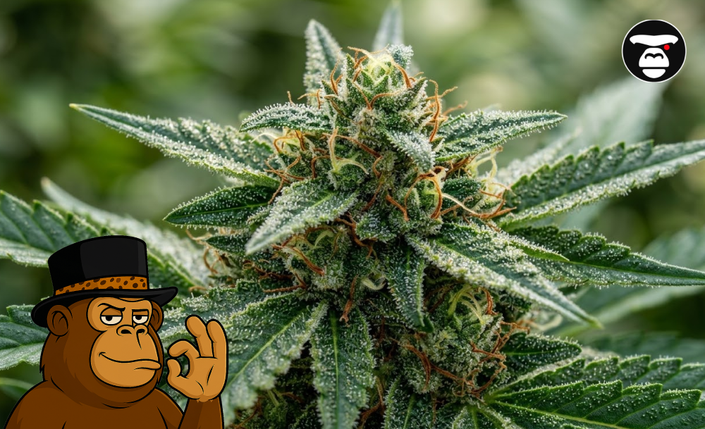 Extreme macro shot of a resinous cannabis bud with milky trichomes and golden pistils.