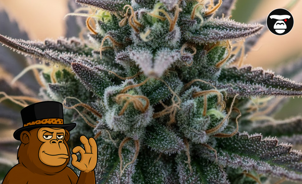 Macro photography of a cannabis bud covered in white trichomes and orange pistils.