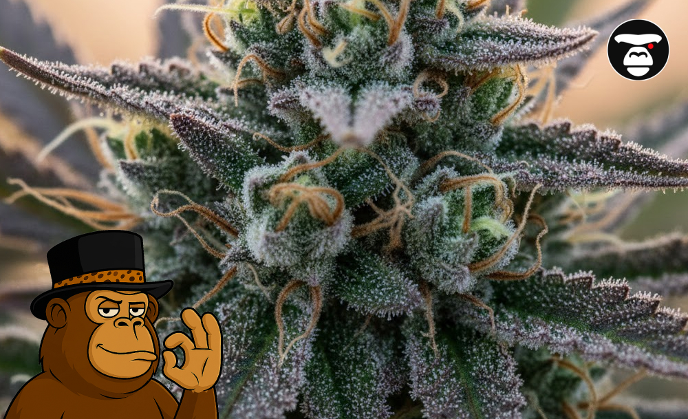 Macro photography of a crystalline cannabis bud with purple leaves and bright orange pistils.