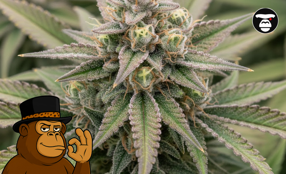 Macro photography of a dense cannabis bud showing shimmering white trichomes and amber hairs.