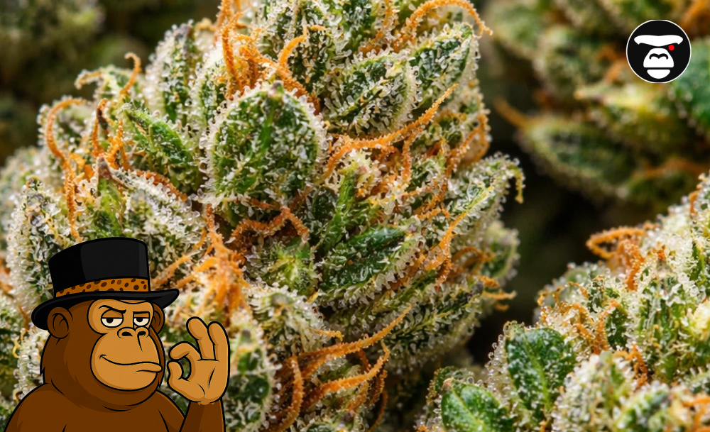 Macro photography of a high-quality cannabis flower with orange hairs and white trichomes.