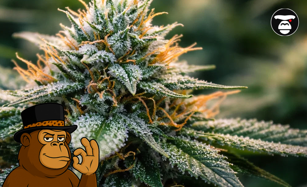 Macro shot of a cannabis bud covered in white trichomes and bright orange hairs.