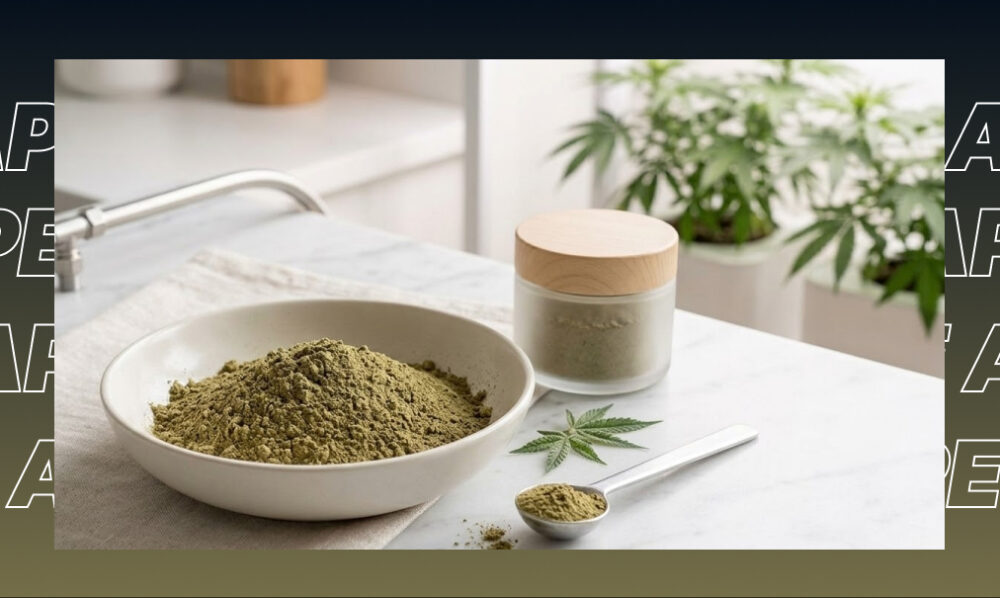 A ceramic bowl filled with fine green cannabis kief and a silver measuring spoon on a marble countertop.