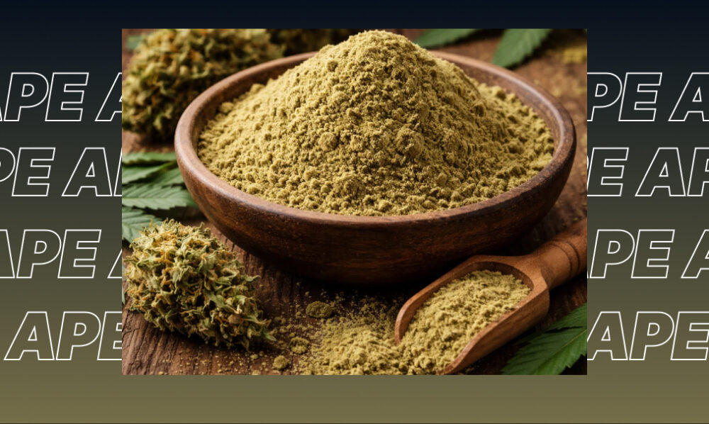 Best Weed Strains In Sherman Oaks A wooden bowl filled with golden cannabis kief next to premium cannabis buds.