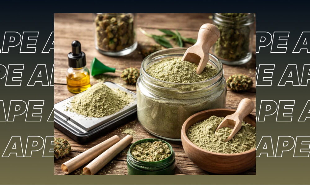 A repeating pattern of the word APE over a dark gradient background representing a modern cannabis lifestyle brand.