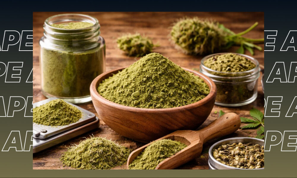A wooden bowl filled with ground cannabis flower surrounded by glass jars and kief on a rustic table.