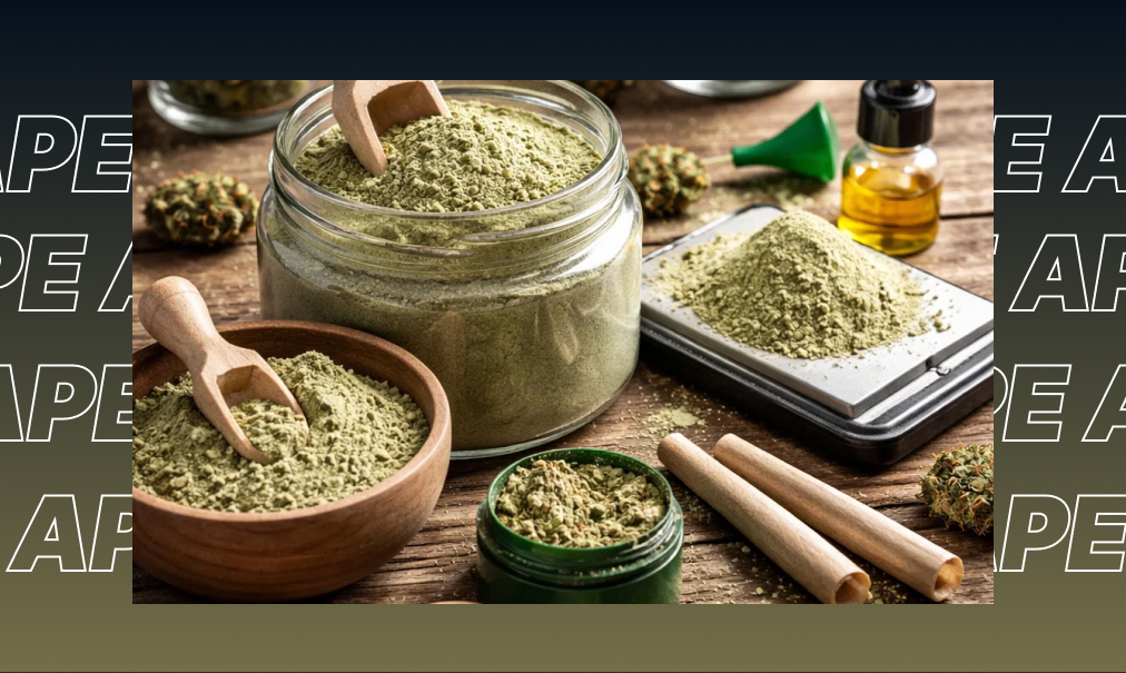 A collection of ground cannabis flower in wooden bowls and glass jars next to professional rolling tools.