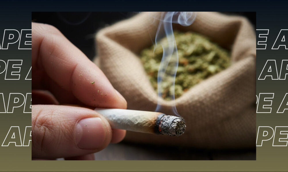 A hand holding a lit cannabis joint next to a burlap bag filled with ground flower.