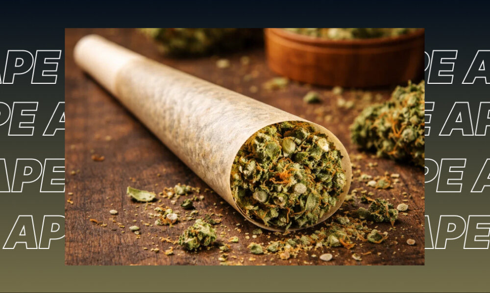 A close-up of a cannabis pre-roll cone filled with fresh green ground weed on a wooden surface.