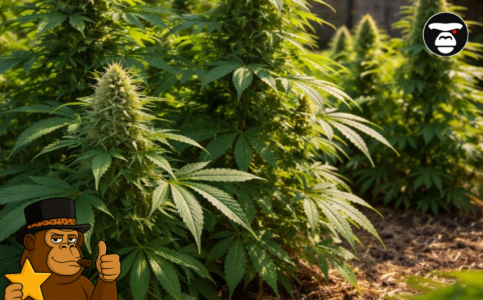 Multiple tall cannabis plants with large colas growing in a sun-drenched indoor cultivation environment.