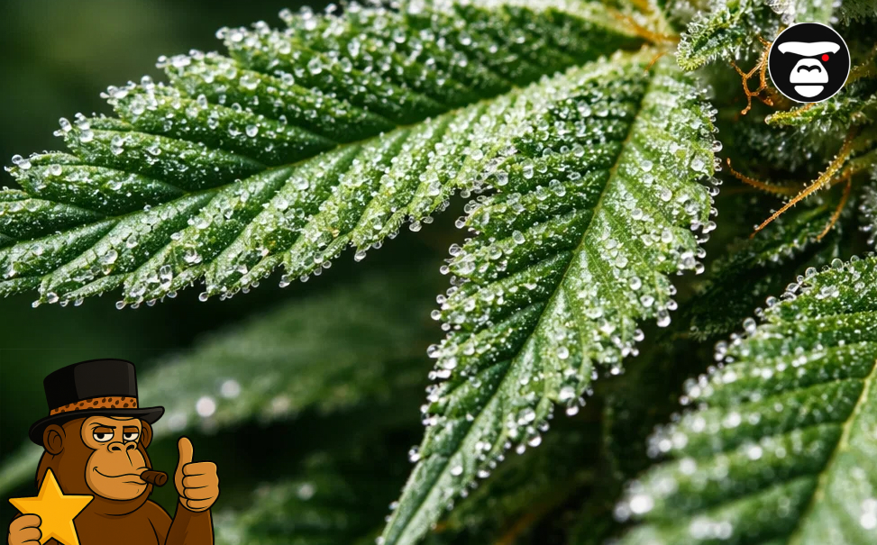 Macro photography of cannabis fan leaves covered in sticky, translucent trichomes and resin.