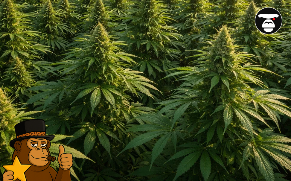 A lush field of flowering cannabis plants with a cartoon gorilla holding a gold star.