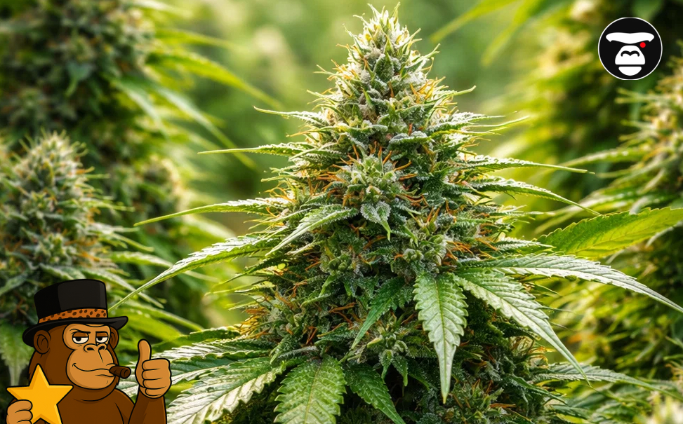 A vibrant green cannabis plant with crystalline THC cannabis products ready for harvest and distribution.