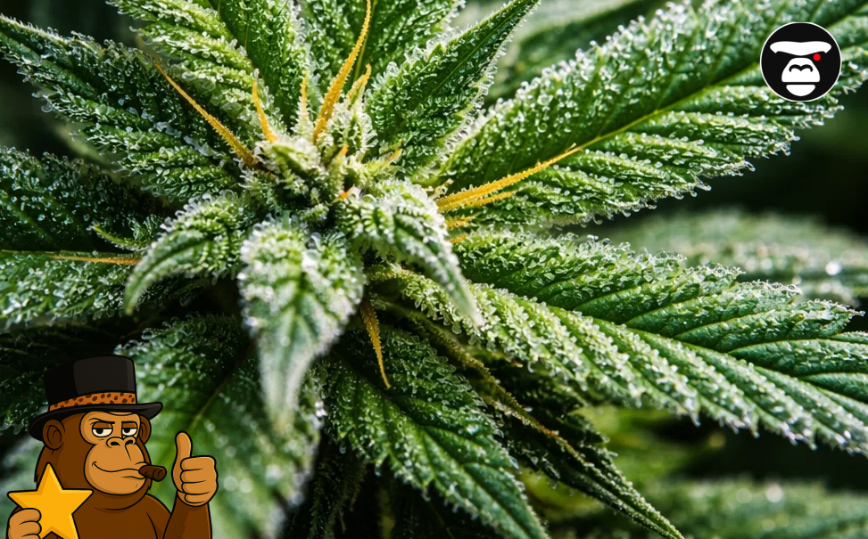 Extreme close-up of a cannabis fan leaf shimmering with a heavy coating of crystalline resin glands.