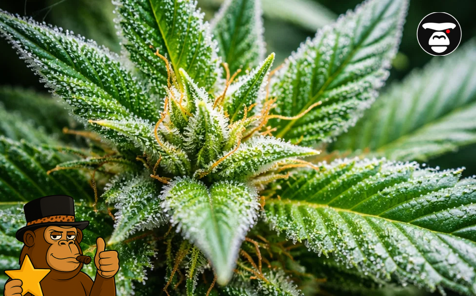 Macro view of a cannabis plant’s top leaves covered in a thick layer of sticky white resin.