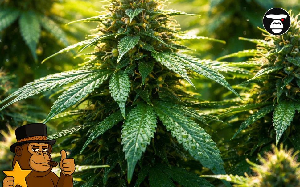 Macro photography focusing on the shimmering resin glands and trichomes on a cannabis leaf.