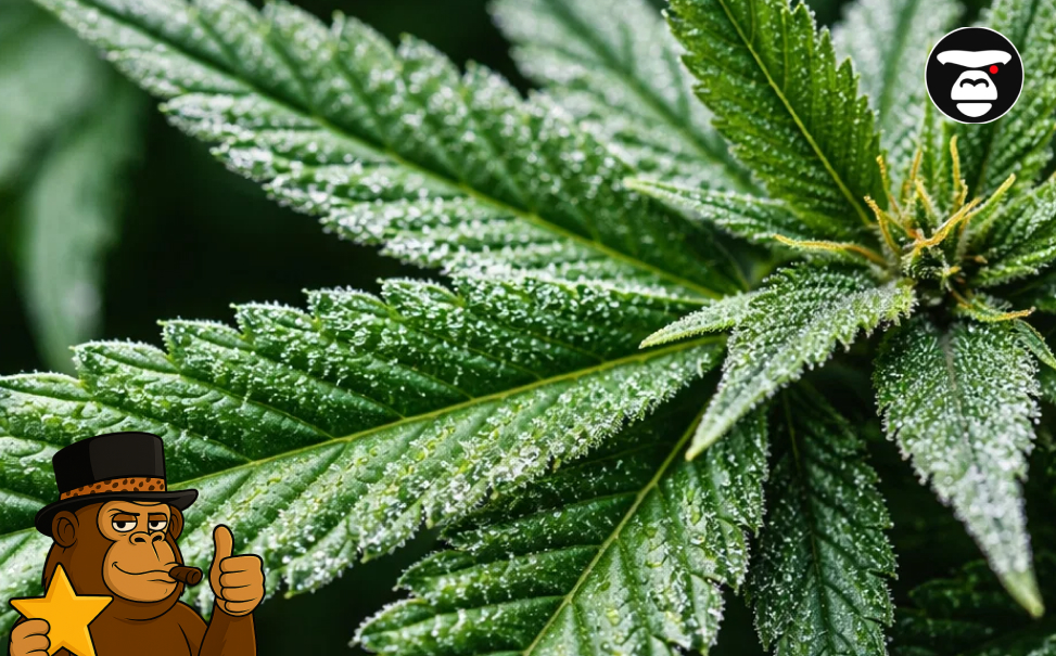 Weed Strains In San Luis Obispo Frosty green cannabis leaves covered in white resin glands and water droplets.