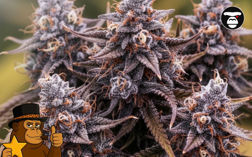 A cluster of mature, dark purple cannabis flowers heavily dusted with white trichomes.
