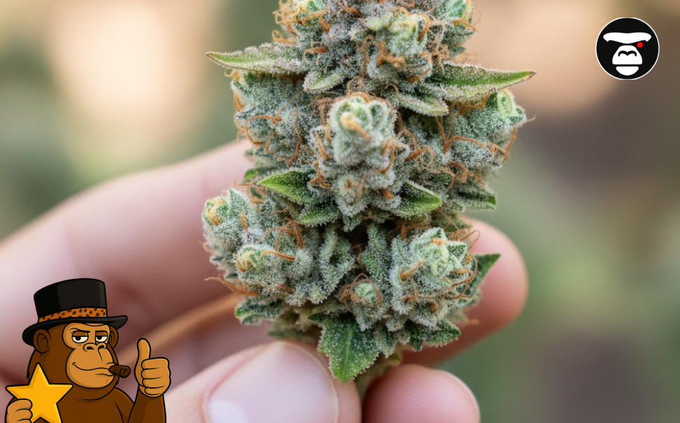 Two large cannabis buds side-by-side, one featuring deep purple hues and the other bright lime green.