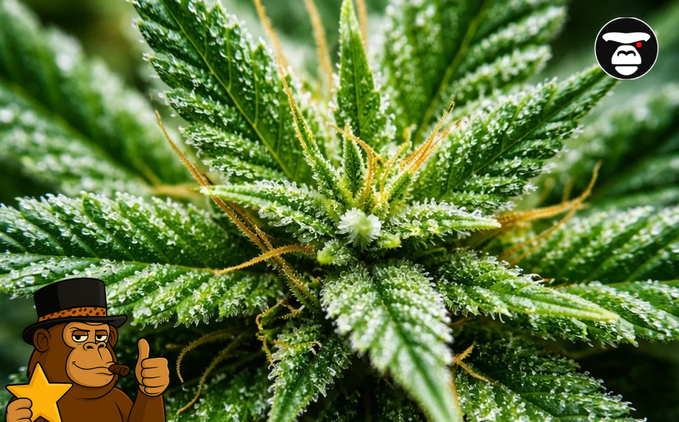 Close-up of a cannabis leaf covered in white resinous trichomes.