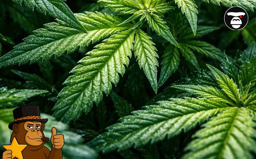 Detailed view of bright green cannabis leaves with visible serrated edges and texture.