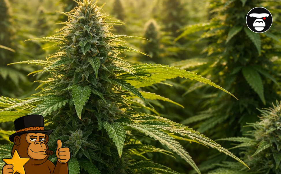 A large, healthy cannabis plant flowering in an outdoor field under natural sunlight.