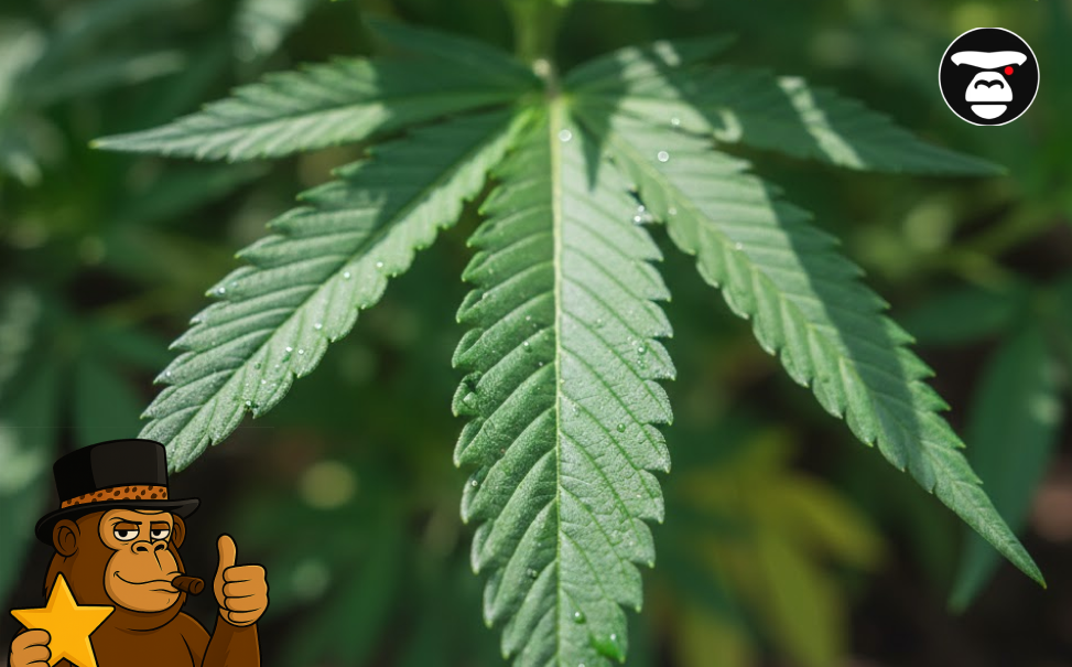 Best Weed Strains In San Bernardino Close-up of a bright green cannabis fan leaf with water droplets on the surface.
