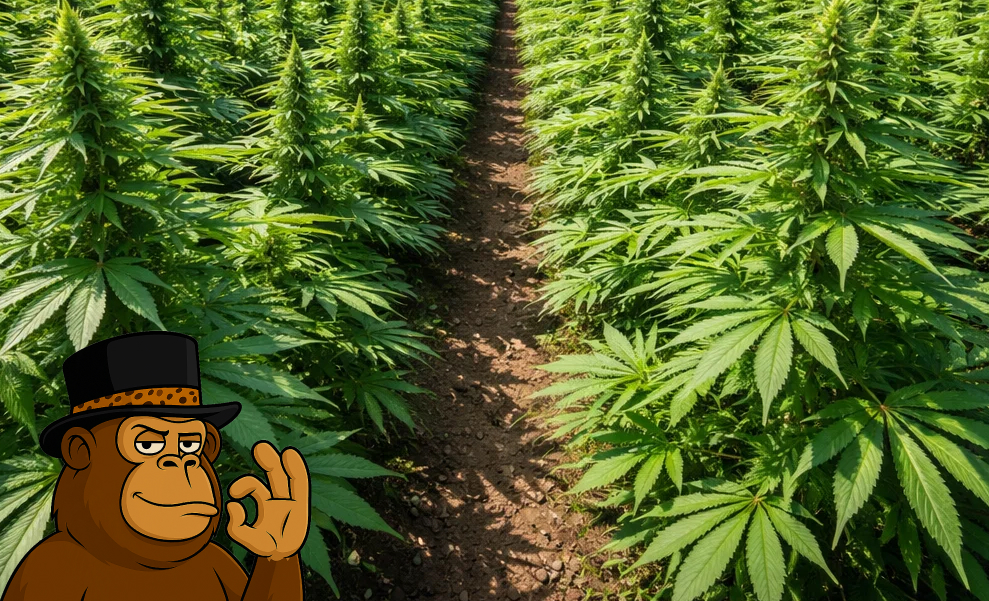 Rows of tall cannabis plants growing outdoors on a farm under bright sunlight.