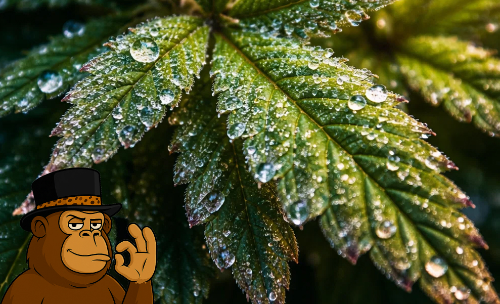 Macro photography of water droplets and crystalline trichomes on a green cannabis leaf.