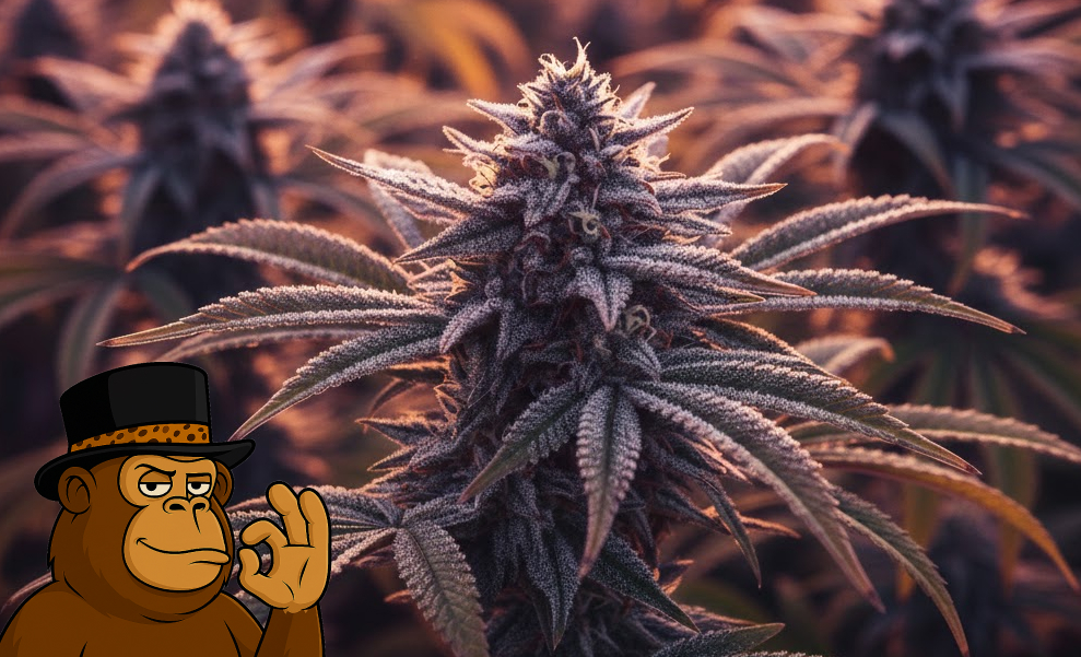 A sharp, crystalline cannabis bud on the plant reflecting light from its heavy resin production.