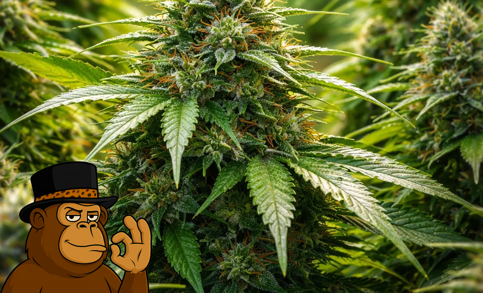 A thriving cannabis plant with large, healthy leaves and mature flower clusters glistening with THC.