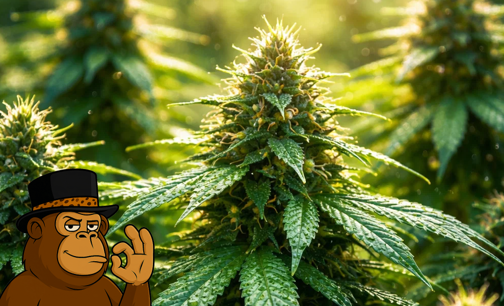 A large, healthy cannabis bud flowering on a plant under bright cinematic lighting.