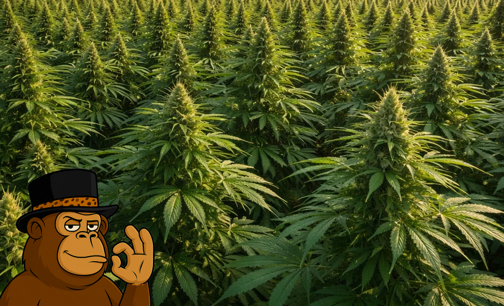 Rows of mature cannabis plants growing in an outdoor cultivation field under natural sunlight.