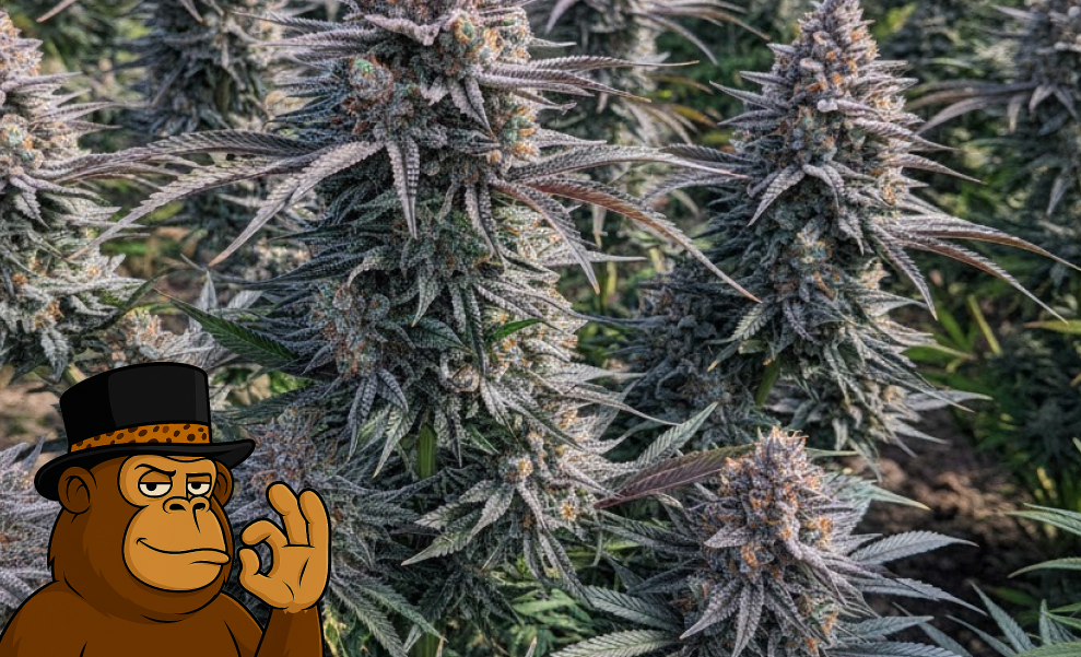 Best Weed Strains In San Bernardino Multiple frosty cannabis colas growing closely together in a professional cultivation facility.