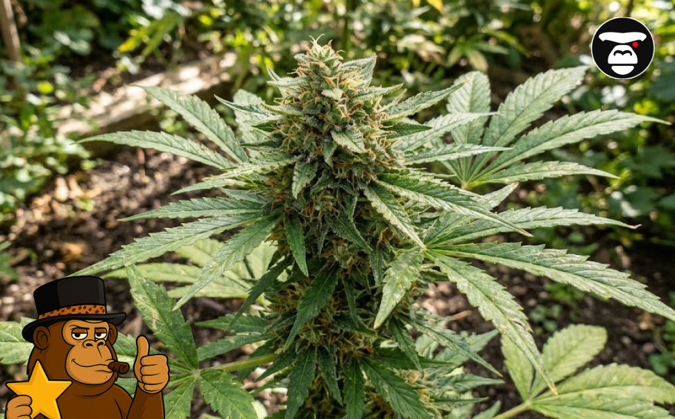 A live cannabis plant with a large central cola and vibrant green fan leaves.