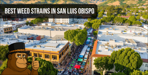 Aerial view of a bustling street market in San Luis Obispo with a banner for best weed strains.