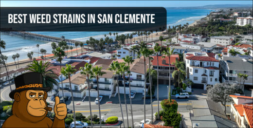 A scenic aerial view of San Clemente beach and pier with a "Best Weed Strains in San Clemente" headline.