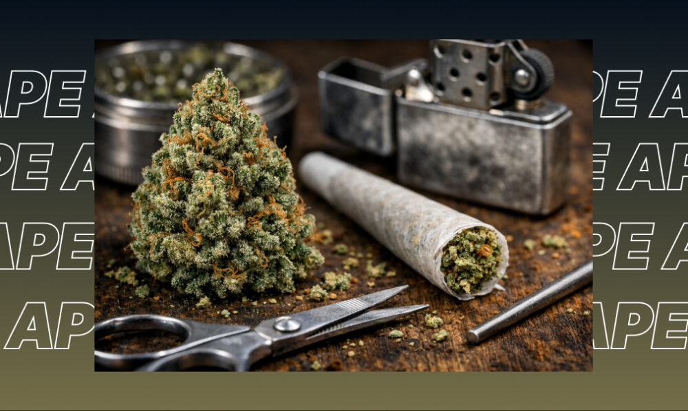 A rolled cannabis joint, lighter, scissors, and a grinder on a wooden table.