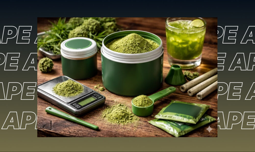 Best Weed Strains In Daly City A collection of cannabis products including green powder in jars, a scale, and rolled joints.