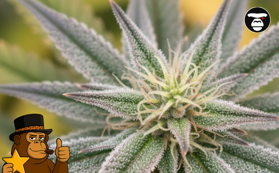 Close-up of a flowering cannabis plant with white hairs and crystals.
