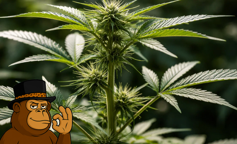 A healthy cannabis plant in the early stages of flowering with vibrant green leaves.