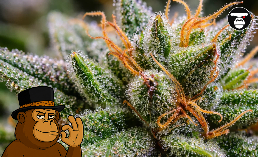 Macro shot of sparkling cannabis trichomes and orange pistils.