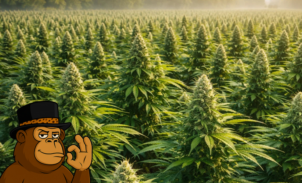 A vast field of flowering cannabis plants stretching toward the horizon.