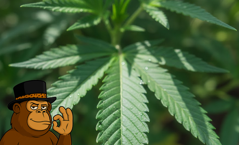 Close-up of a vibrant green marijuana leaf with morning dew.